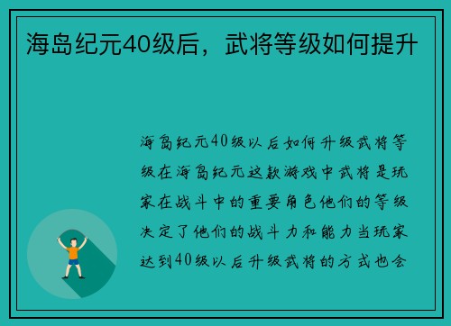 海岛纪元40级后，武将等级如何提升